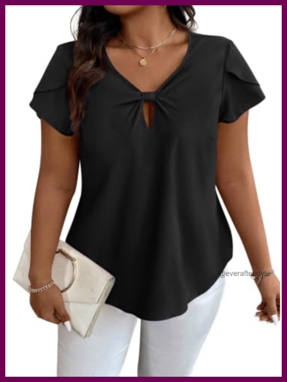 Womens V-Neck Twist Front Top Petal Short Sleeve Loose Fit Summer Tee